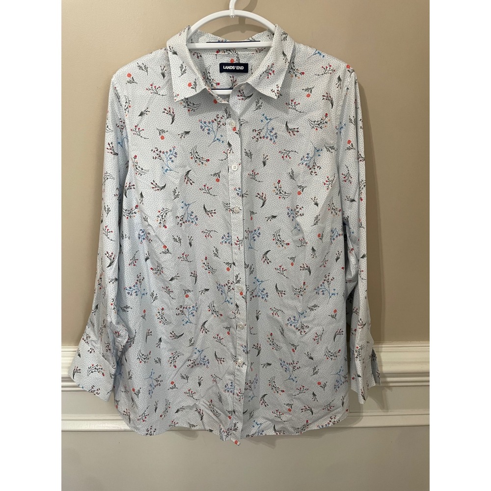 Lands' End 2X 22W No Iron Supima Cotton Floral Micro Dot Button Down Shirt Blue